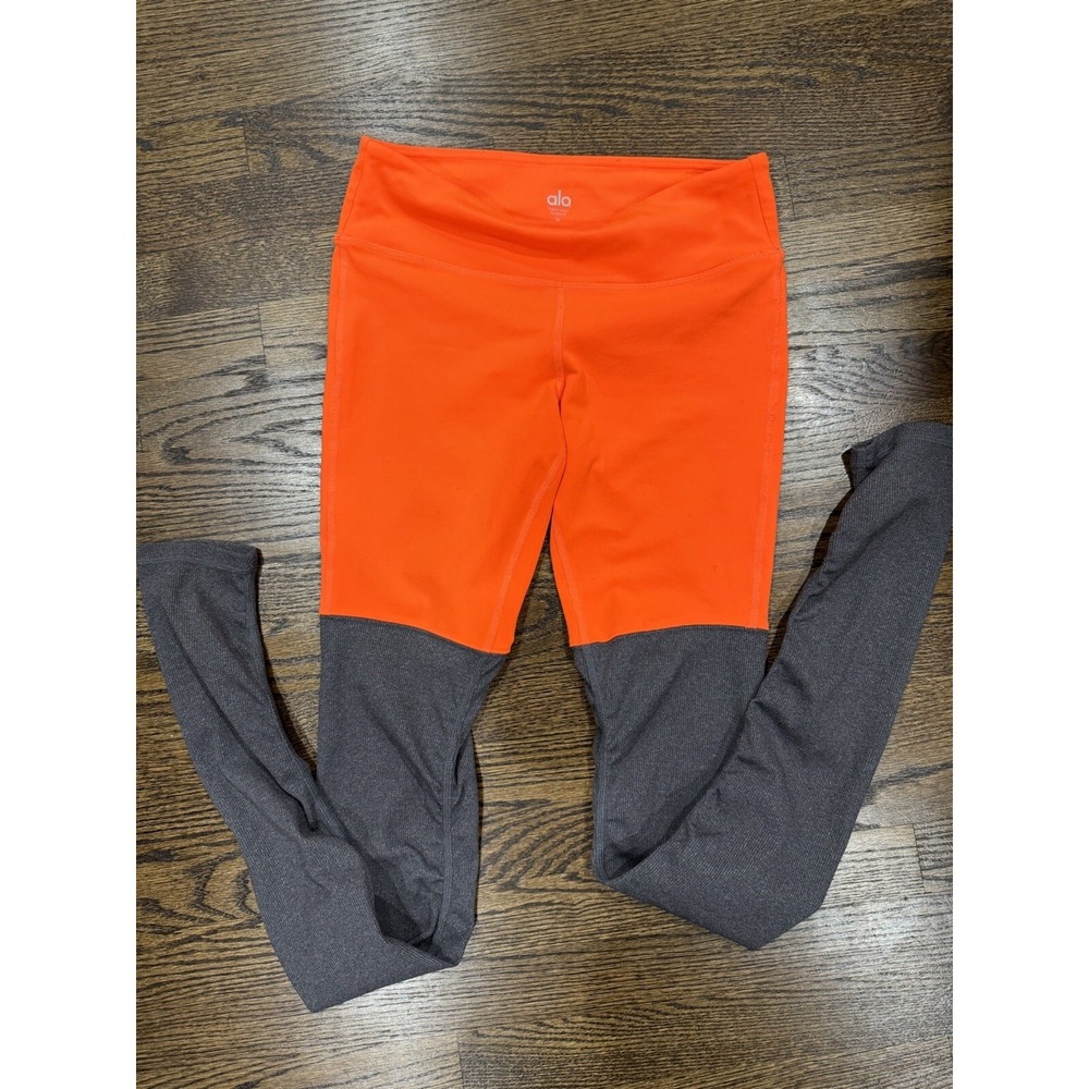 ALO Yoga Goddess Two Toned Ribbed Ruched Leggings  Orange &‎ Gray